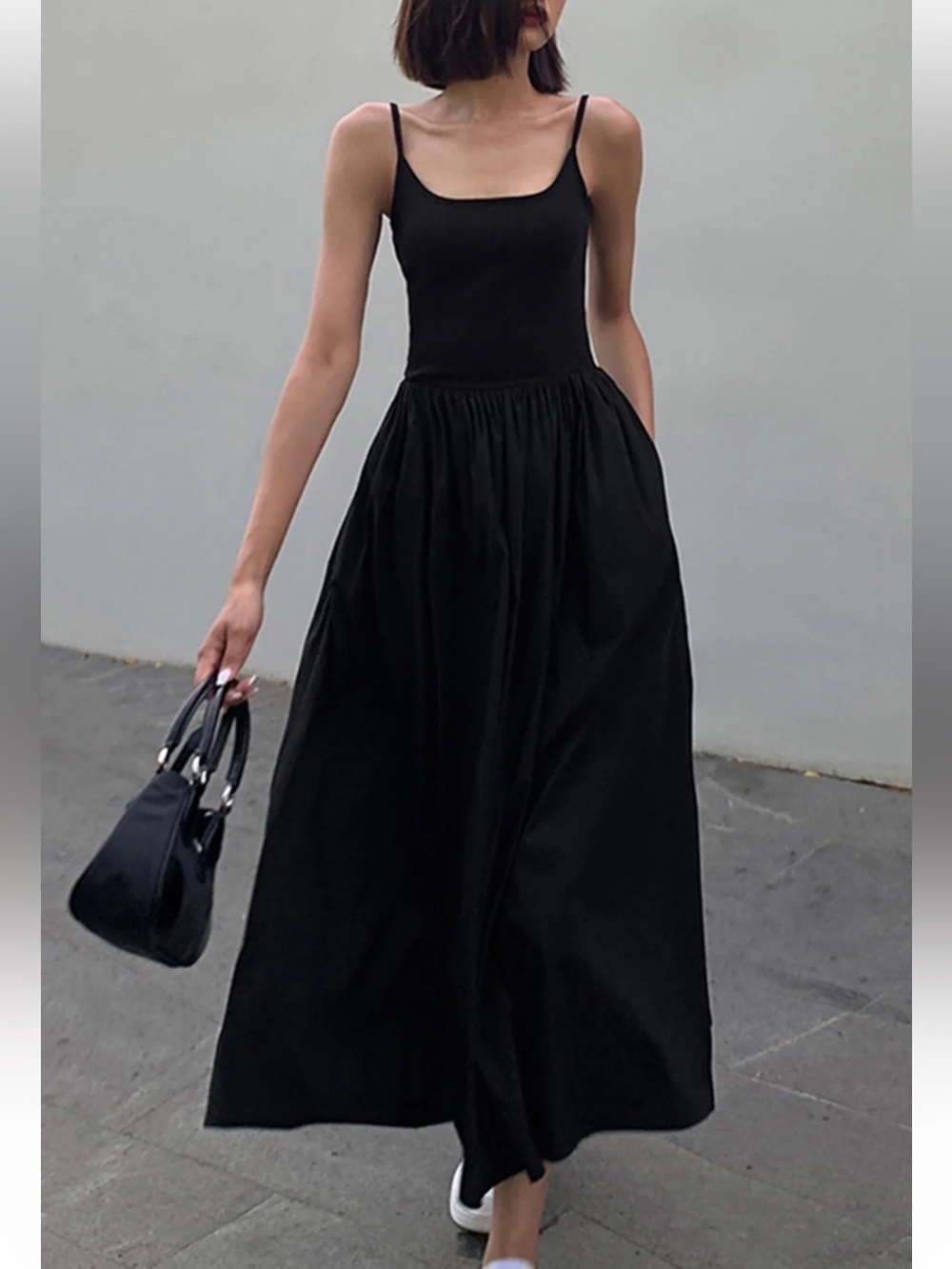 NWT Commense Patchwork Pockets Cotton Cami Midi Dress in Black